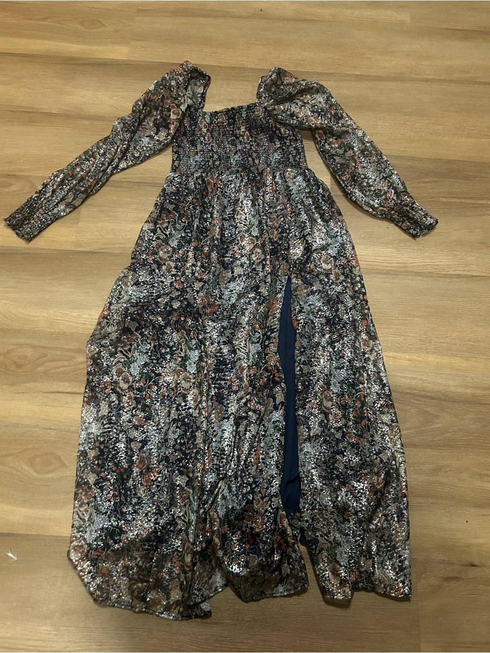 Square-Neck Floral Midi Dress with Bishop Sleeves - Navy Multi
